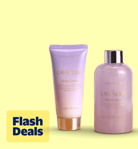 Image shows purple Body & Earth lavender body lotion and bubble bath on a pale yellow background.