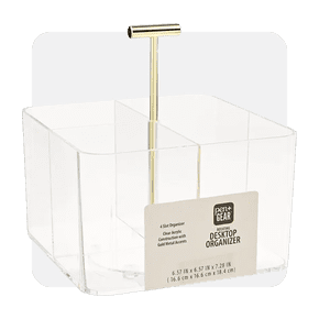 Image shows a clear Pen+Gear acrylic rotating desk organizer with four compartments on a white background.