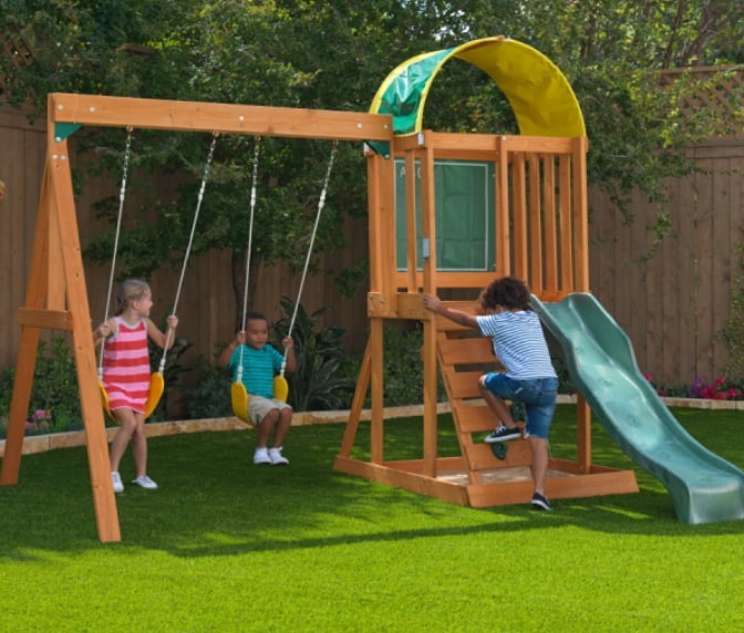 backyard playhouse with slide
