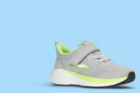 Image shows a pair of gray and green Avia toddler athletic runner sneakers displayed on a light blue background.