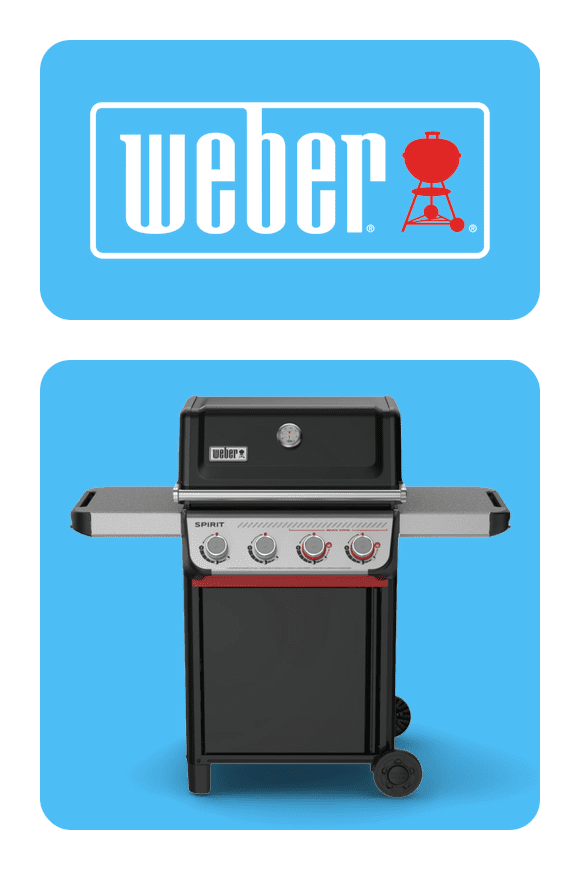 Image shows a black Weber Spirit gas grill E-425 with four burners and wheels on a blue background.