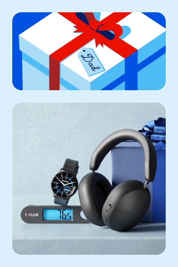 Clock, watch and headphones with gift box graphic shown.