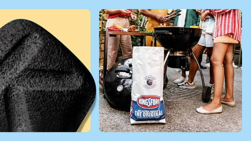 A bag of Kingsford Charcoal Briquettes next to a charcoal grill with people grilling and eating food. A close-up of a briquette is also shown.