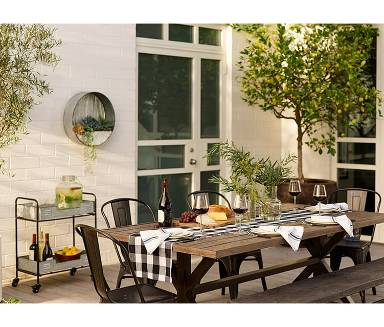 By Style Farmhouse A Rustic Table With Galvanized Metal Dining Chairs And Gingham Runner Links To Outdoor