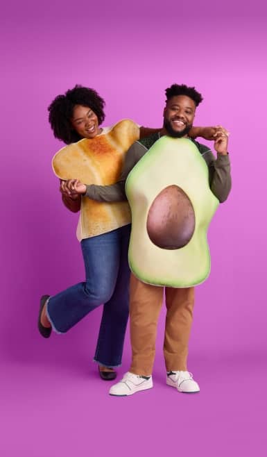 Price callout reads: “From thirty-two dollars and ninety-seven cents.” Image of a couple dressed in a couples’ costume as an avocado and toast.