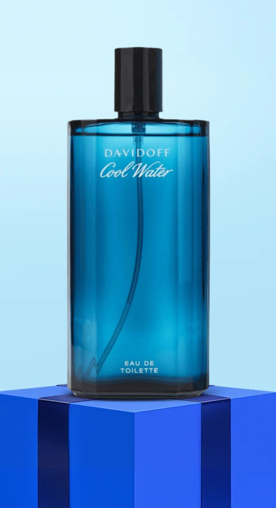 Image shows a blue Davidoff Cool Water cologne bottle placed on a blue platform against a light blue background.