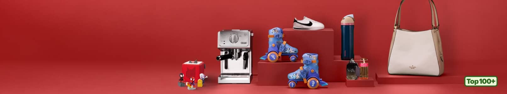 An image of a coffee maker, Spider-Man toys, speaker, roller skates, sneakers, water bottle, handbag, Prada perfume and Coach cologne.