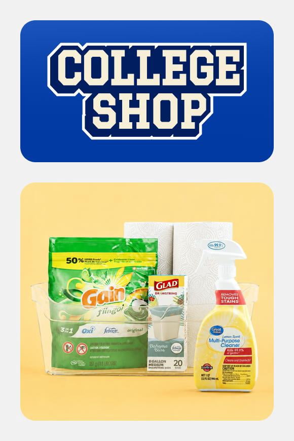 College Shop banner. Gain detergent pods, GLAD trash bags, Great Value multi-purpose spray and a roll of paper towels.