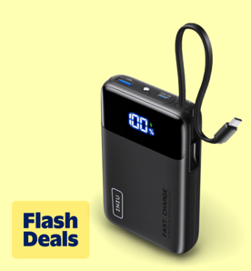 Image shows a black INIU portable charger with built-in cables and digital display on a light yellow background.