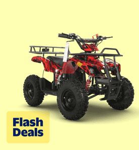 Image shows a red and black X-Pro gas mini ATV for kids with large tires on a yellow background.