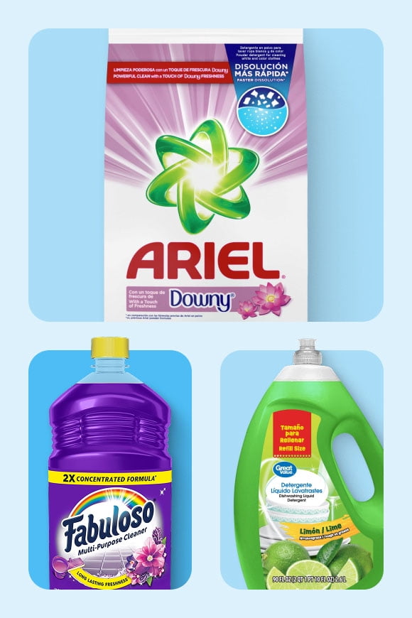 Top Ariel with Downy, Fabuloso multipurpose cleaner, Great Value liquid detergent.