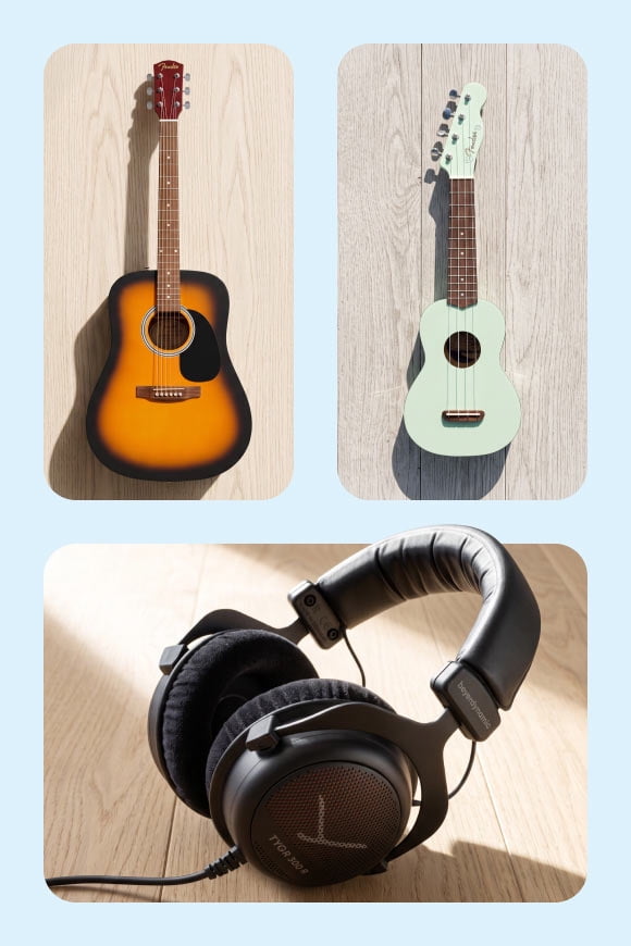Two guitars and a pair of earphones.