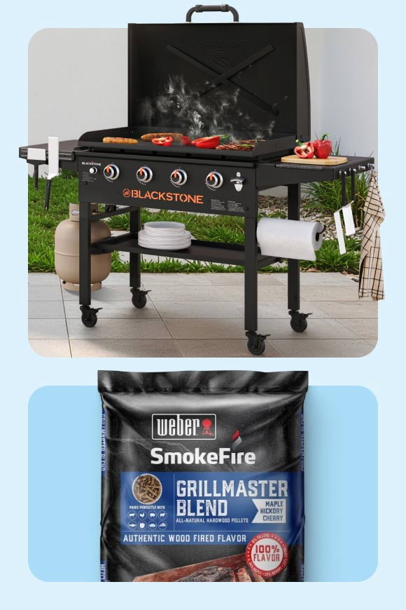 A black grill against a white wall and floor, across from a bag of Weber grilling fuel.