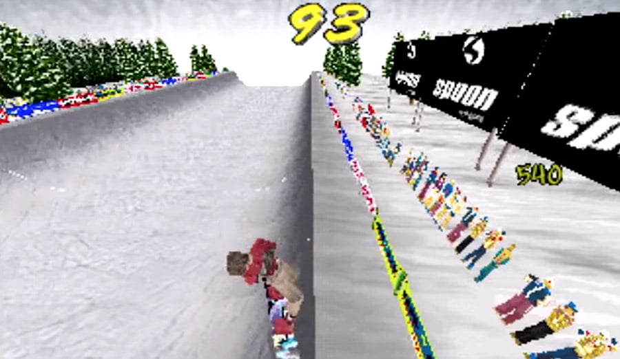 PlayStation Classic - A snowboarder performs tricks out of a half pipe in this Cool Boarders 2 screenshot.