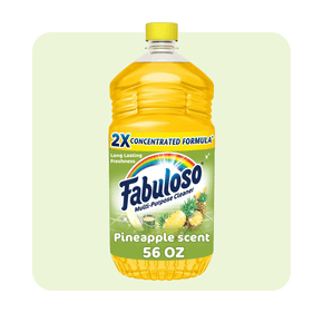 Image shows a yellow bottle of Fabuloso multi-purpose cleaner with a pineapple scent and a two times concentrated formula on a light green background.
