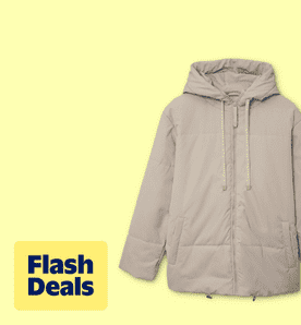 Image shows a beige SHEWIN hooded puffer jacket with a full zipper on a light yellow background.