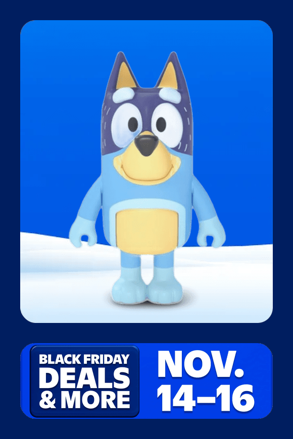Image shows a colorful Bluey action figure from the Bluey brand on a gradient blue background.