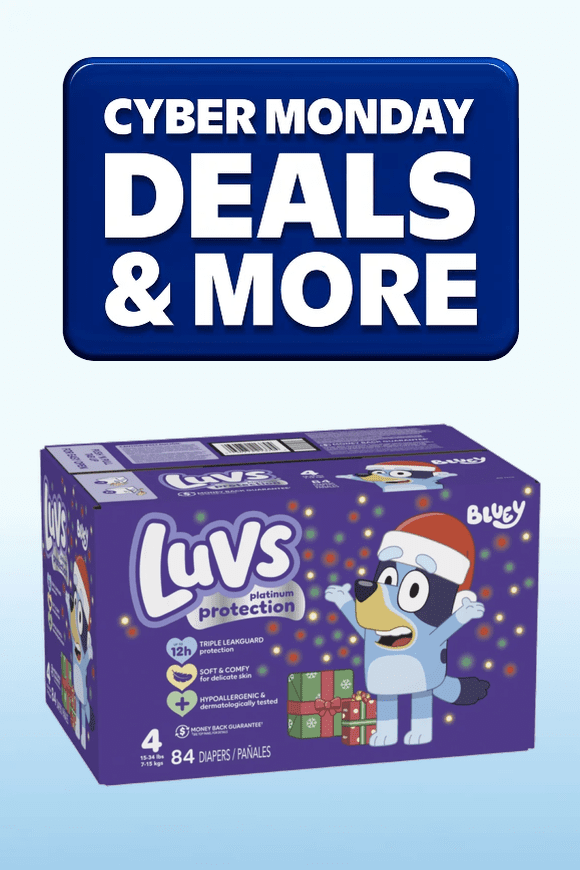 Image shows a purple box of Luvs Platinum Protection baby diapers with festive design on a light blue background.