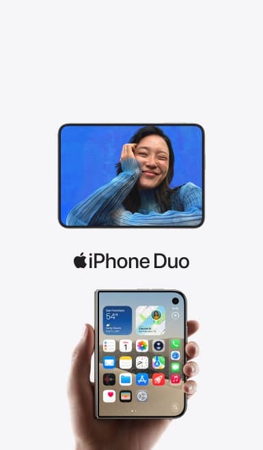 Apple iPhone Duo foldable phone with a smiling person on the top screen and app icons and weather widget on the lower screen.