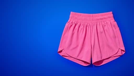 Bright pink athletic shorts with elastic waistband and curved hem.