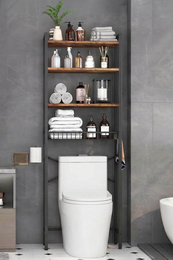 A modern above toilet shelving unit with wood details.