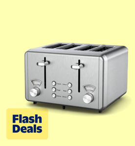 Image shows a silver WHALL four-slice stainless steel toaster with dual control panels on a yellow background.