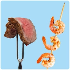 Shop deli, shop pantry, shop meat and seafood, or shop bakery and bread featuring images of potato salad, ketchup, steak, shrimp, and a loaf bread.