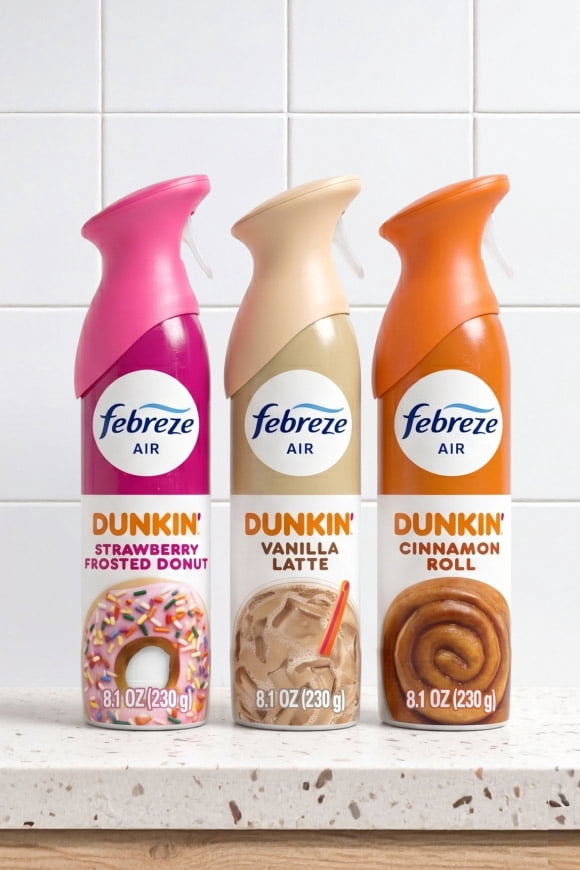 Three Febreze spray cans with donut, latte, and cinnamon roll graphics lined up on a speckled countertop.