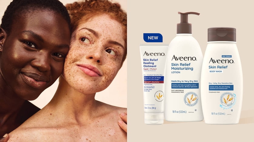Two models posing next to Aveeno Skin Relief ointment, lotion, and body wash.