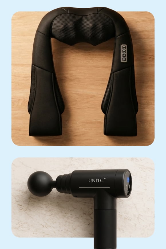 View a neck massager and a massage gun.