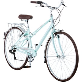 Light green Womens' hybrid comfort bike with brown seat and storage bracket on back