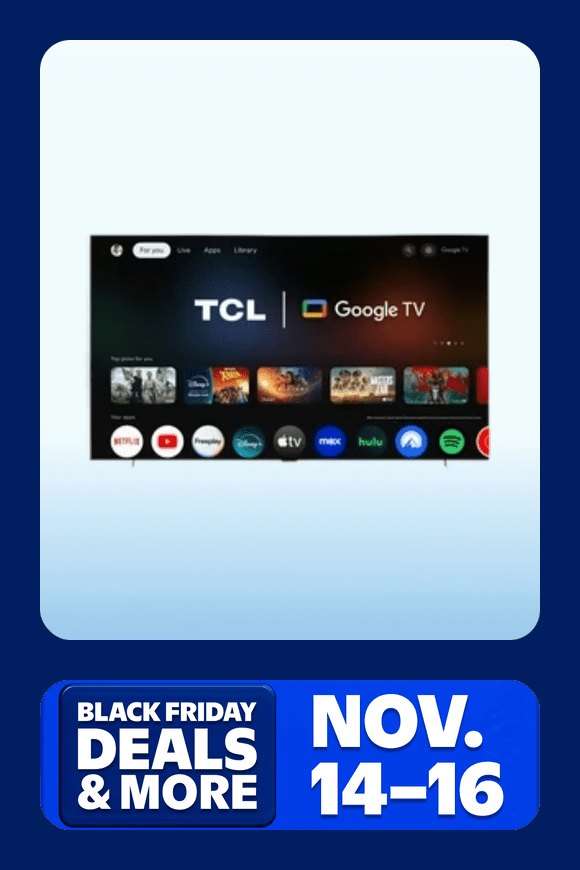 Image shows a black TCL television displaying Google TV apps on a light blue background with a dark blue border.