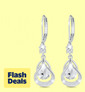 Flash deals. Image shows Apsvo white gold-plated drop earrings with CZ stones on a light yellow background.