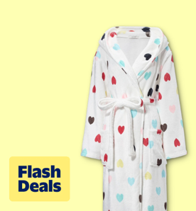 Image shows a white UVN hooded bathrobe with multicolored heart patterns on a yellow background.