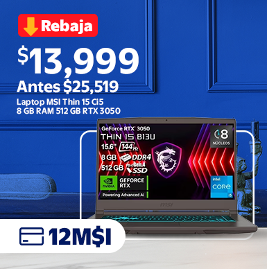 Rebaja $13,999 Antes $25,519 Laptop MSI Thin 15 Ci5 8 GB RAM 512 GB RTX 3050 12 MSI