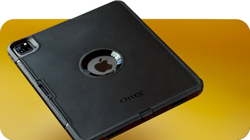 A tablet with an OtterBox tablet protector case on.