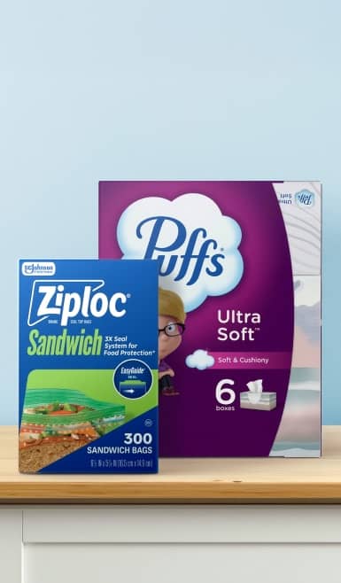 Ziploc sandwich bags and Puffs tissues in a multipack.