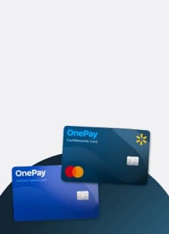 Walmart Plus. OnePay CashRewards Card and OnePay Internet Spend Card with chip and Mastercard badge on a dark curved surface.