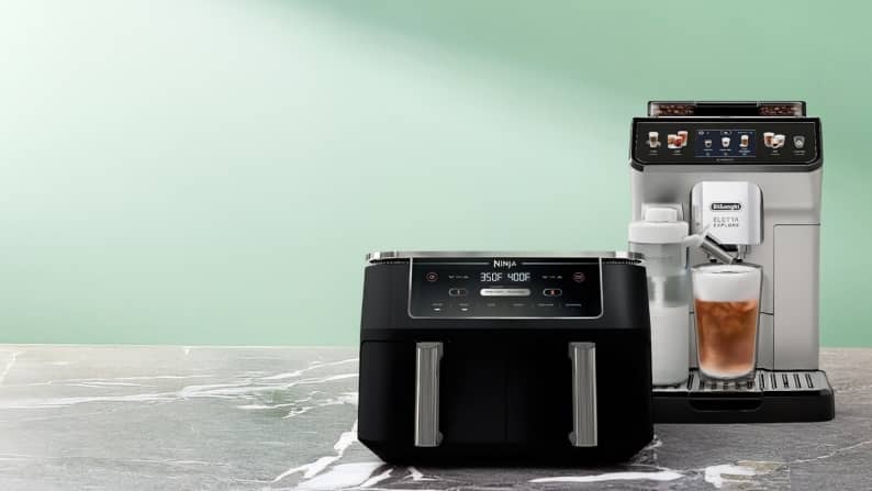 A sleek double barrel air fryer and a coffee machine.