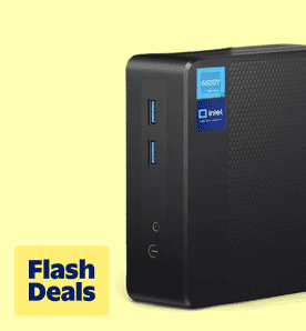 Flash deals. Image shows a black RNRUO mini PC with Intel 6500Y processor on a light yellow background.