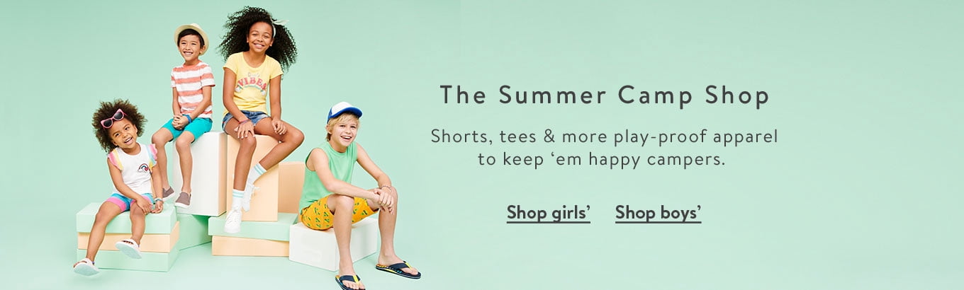 The Summer Camp Shop. Shorts, tees & more play-proof apparel to keep 'em happy campers.