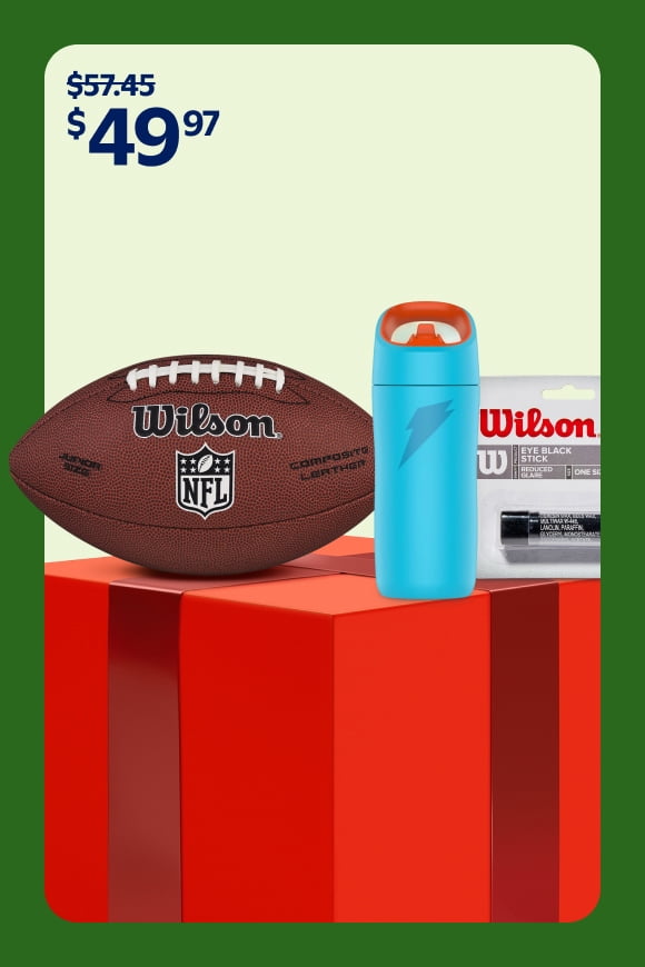 A Wilson football and glare reducing black stick, and a Gatorade water bottle. Now forty-nine dollars, ninety-seven cents.