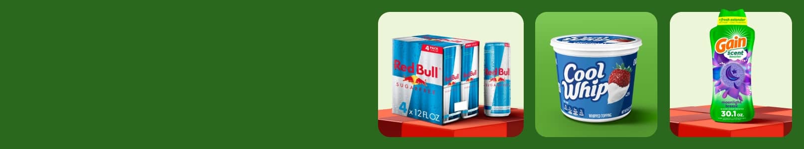 Four-pack of Red Bull, Cool Whip and Gain scent beads.