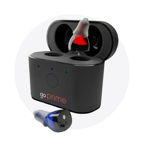 Image shows hearing aids in a small case from Go Prime.