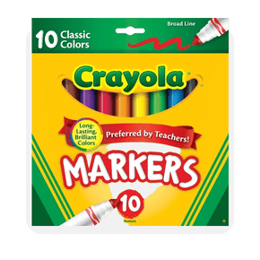 Image shows a pack of Crayola Broad Line Markers with ten classic colors, in a yellow and green packaging, on a white background.