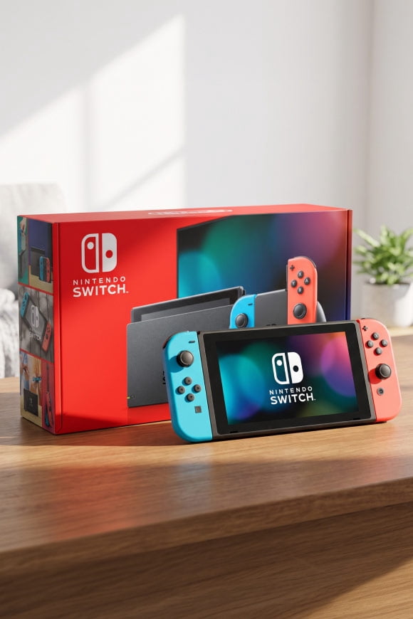 Nintendo Switch console with blue and red Joy Con controllers on a wooden table in front of its retail box.