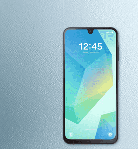 Image shows a black Samsung Galaxy A16 smartphone with a colorful display on a light textured background.