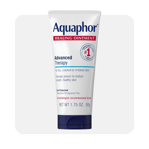 Image shows a tube of Aquaphor Healing Ointment for dry and irritated skin on a light gray background.