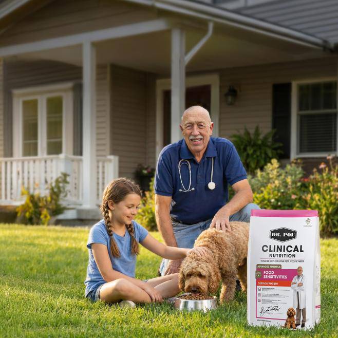 Dr. Pol kneels next to a girl petting a dog next to a bag of Dr. Pol Food Sensitivities Advanced Formula.