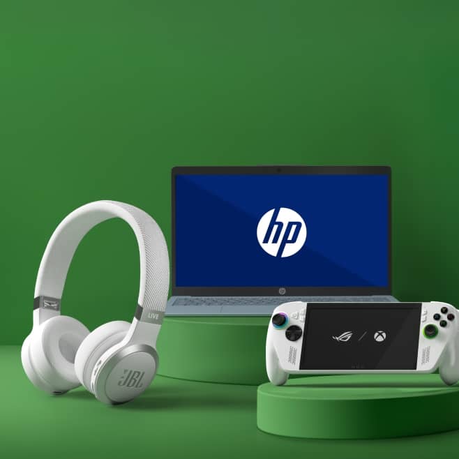 An image of JBL headphones, HP laptop and an Xbox console.